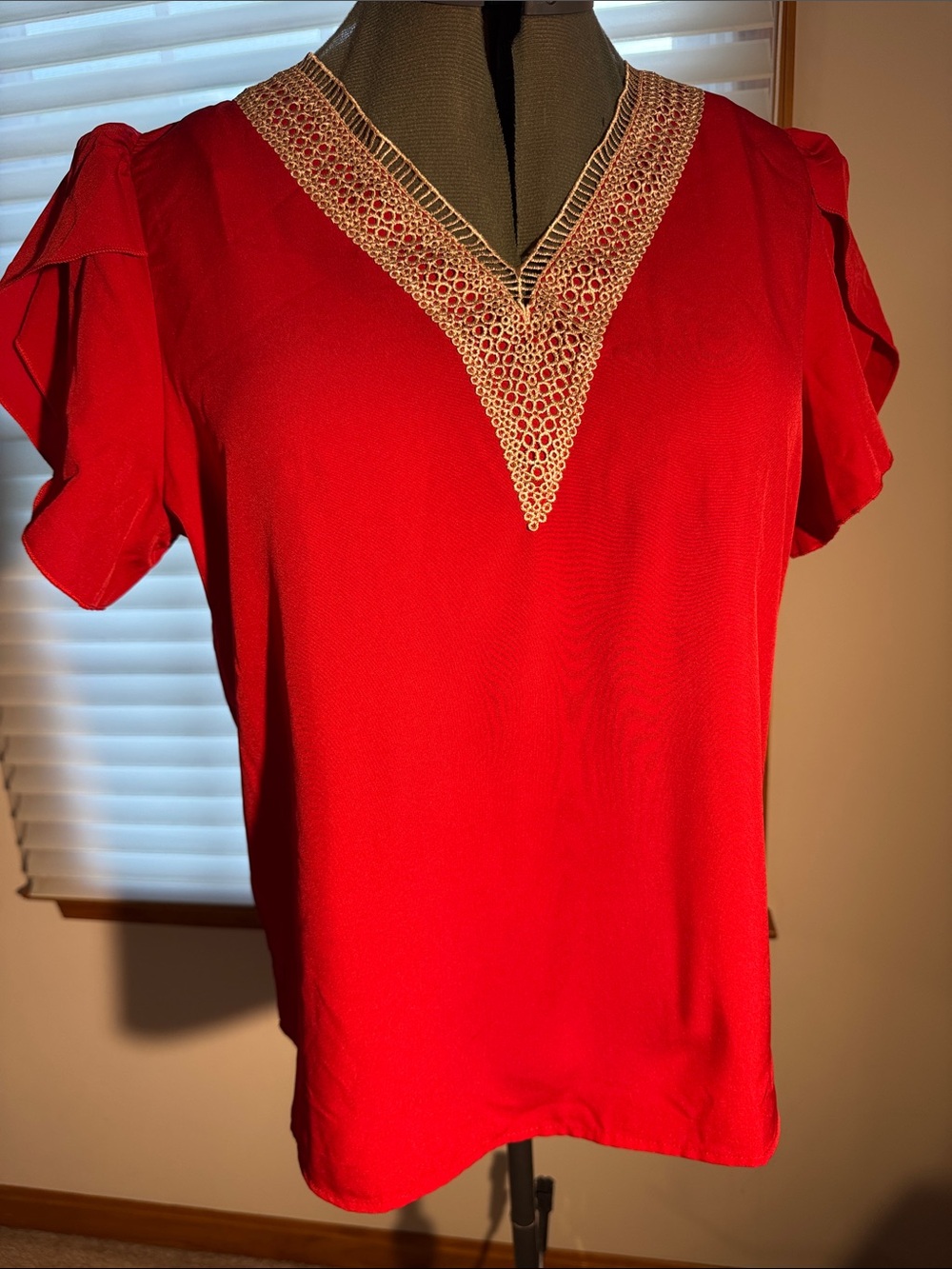 Red V-Neck Short Sleeve Blouse with Decorative Gold Trim